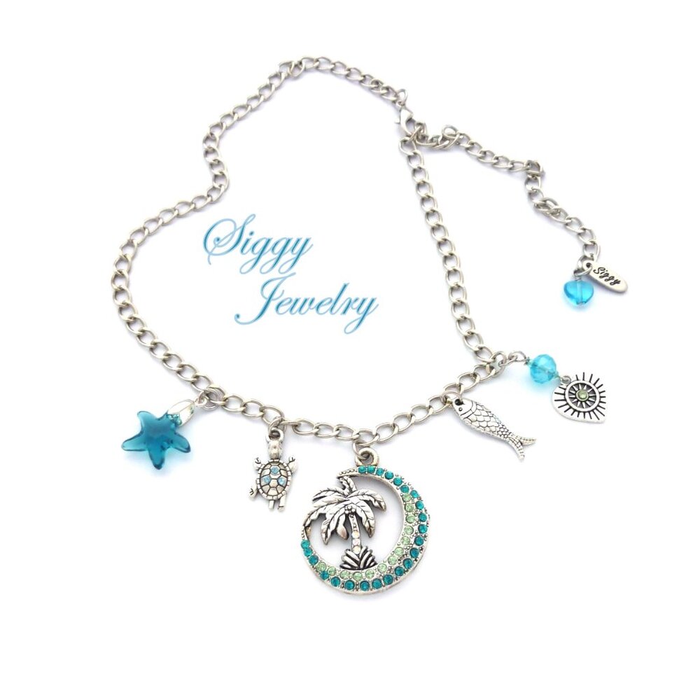 ISLAND PARADISE Genuine Austrian Crystal Beach Ocean Theme Charm Necklace